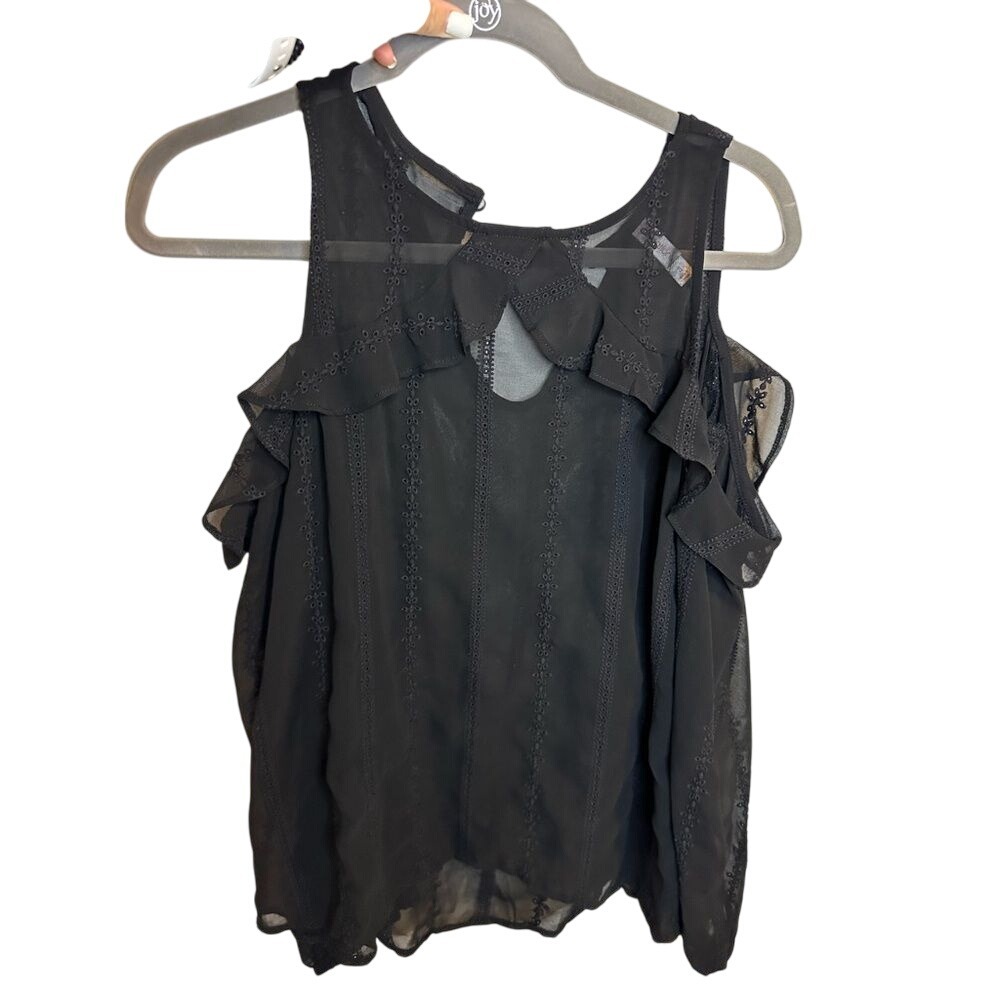Cold Shoulder Ruffle Blouse Black Sheer Embroidery Elegant Sleeveless Top‎